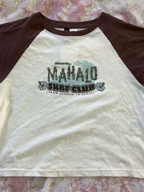 H&M Tops - H&M White Raglan Tee with Brown Sleeves - Mahalo Surf Club Graphic